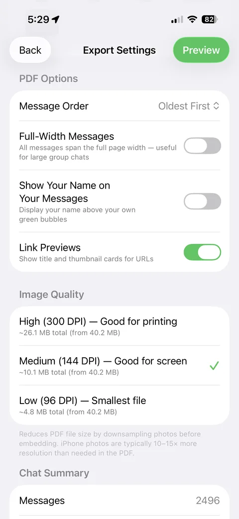 WhatsPress export settings — PDF options