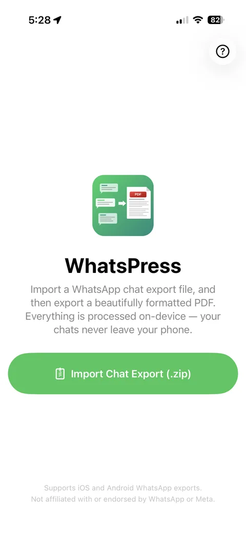 WhatsPress import screen on iPhone